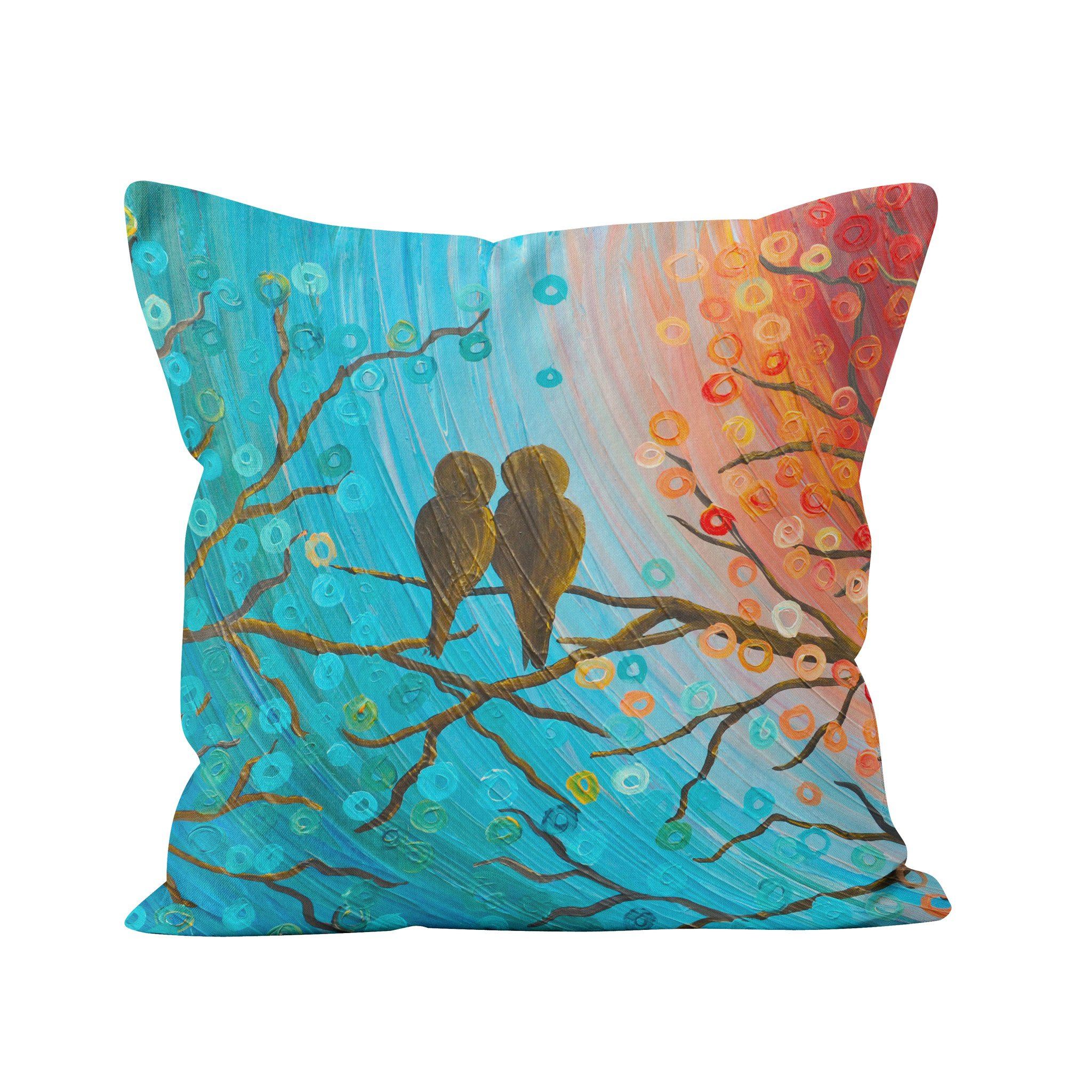 Turquoise & Orange Love Birds Pillow - Louise Mead