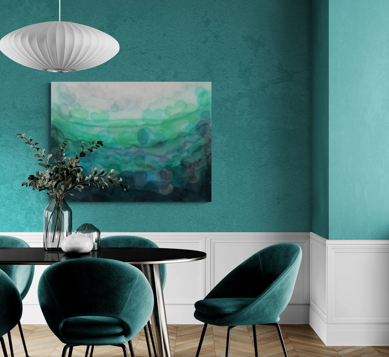 Teal Serenity Canvas Print by Louise Mead in Luxurious Dining Room