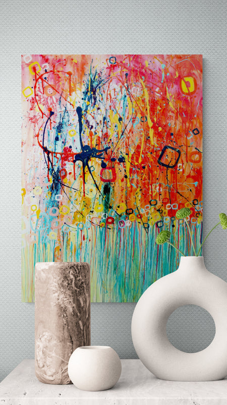 Jellyfish Orange & Turquoise Abstract Expressionist Canvas Wall Decor Art Print by Louise Mead