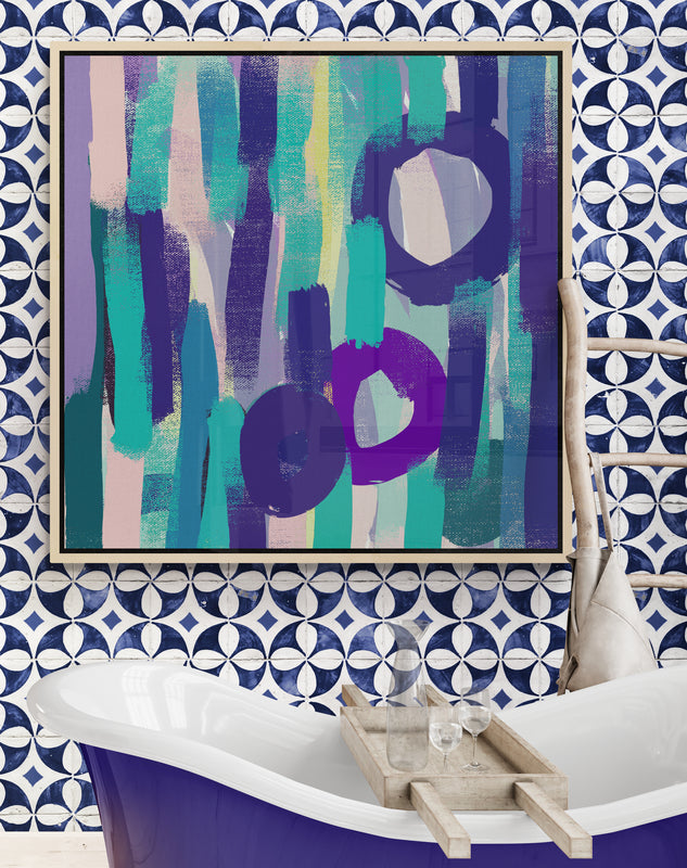 Colourful abstract canvas art in a stylish bohemian bathroom with blue patterned tiles by Louise Mead