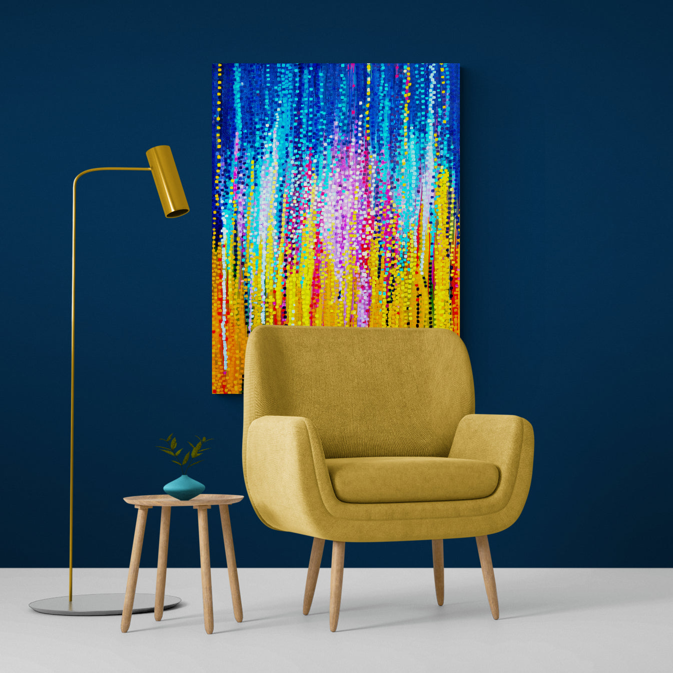 Vibrant vertical abstract impressionist artwork canvas in modern living space with mustard armchair and stylish floor lamp