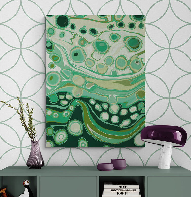 Mojito Green Gold and White Fluid Art Canvas Print by Louise Mead on Green & White Wallpaper over a Sage Green Cabinet with Purple Decorative Vases on it