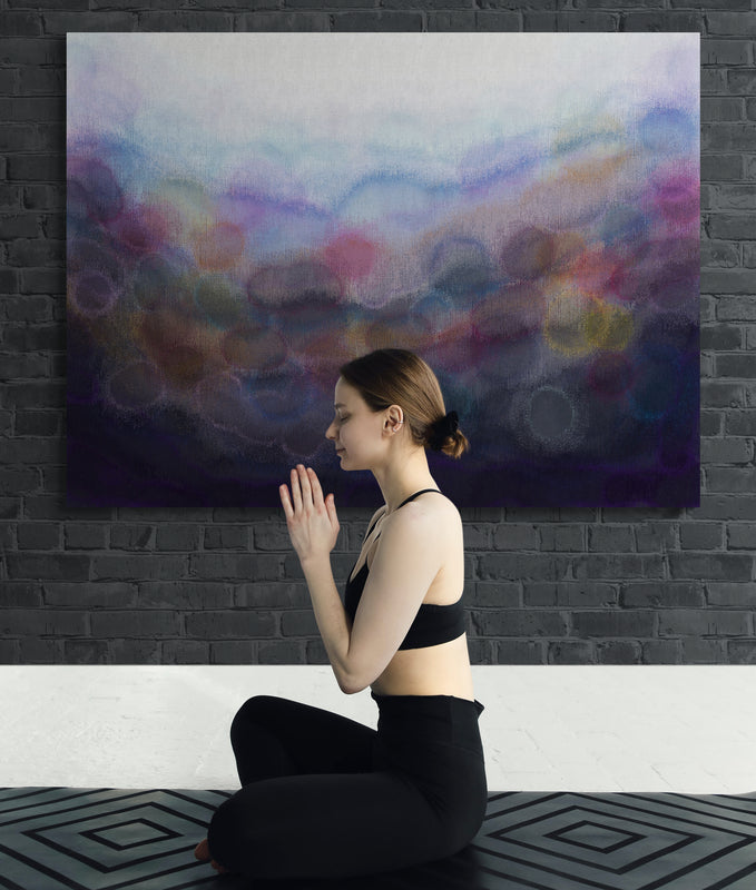 Abstract art wall canvas in meditation room, woman practicing yoga, serene decor by Louise Mead