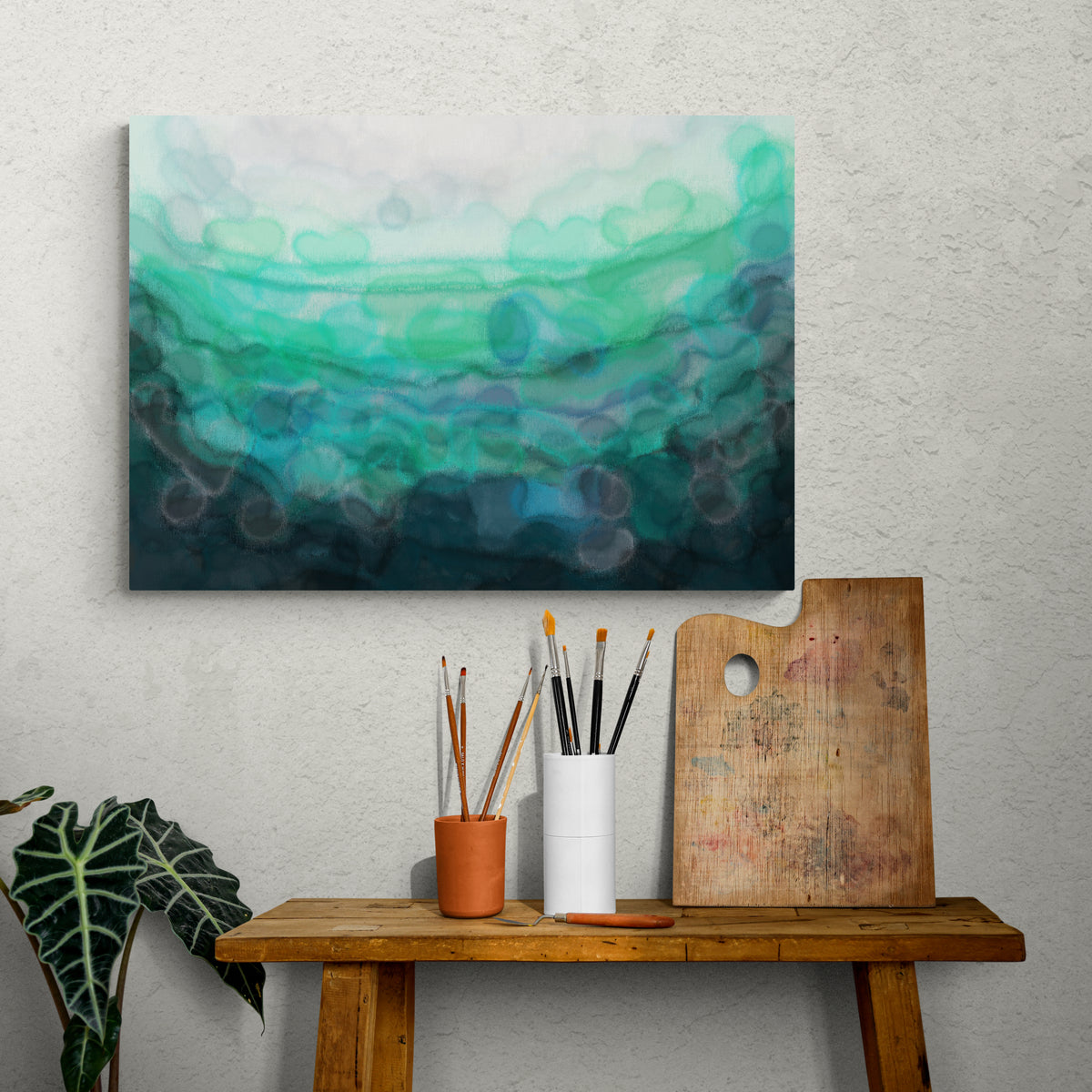 Wall Art | Louise Mead | Teal Serenity Abstract Soothing Canvas Print from Louise Mead.  Teal minimalist watercolour fluid art monochrome ombre canvas print.
