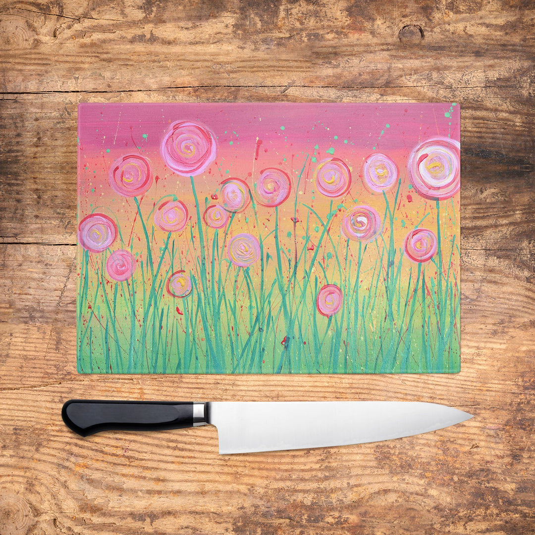 Pink Flowers Glass Chopping Board - Louise Mead