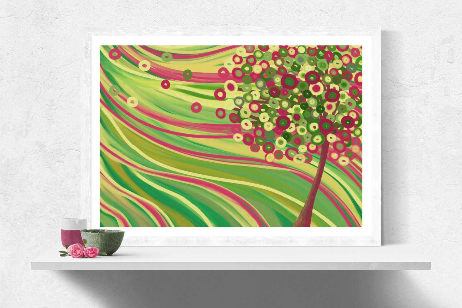 'In Spring' Green & Pink Tree Wall Art Print - Louise Mead