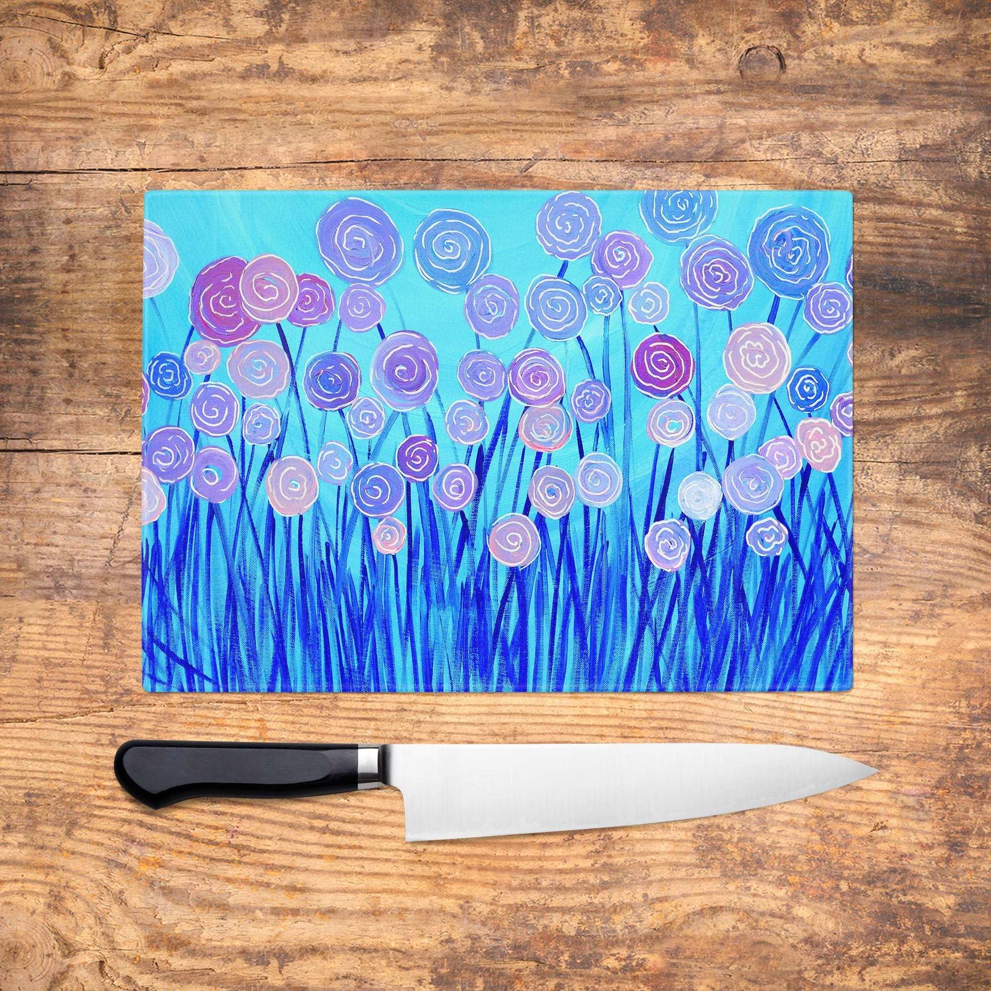Blue Flowers Glass Chopping Board - Louise Mead