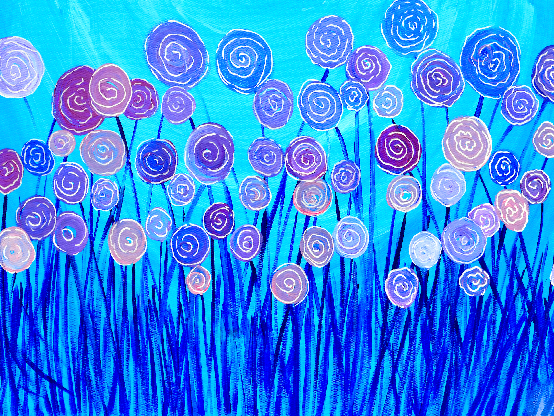 Blue & Lilac Abstract Flowers Mixed Media Painting by Louise Mead