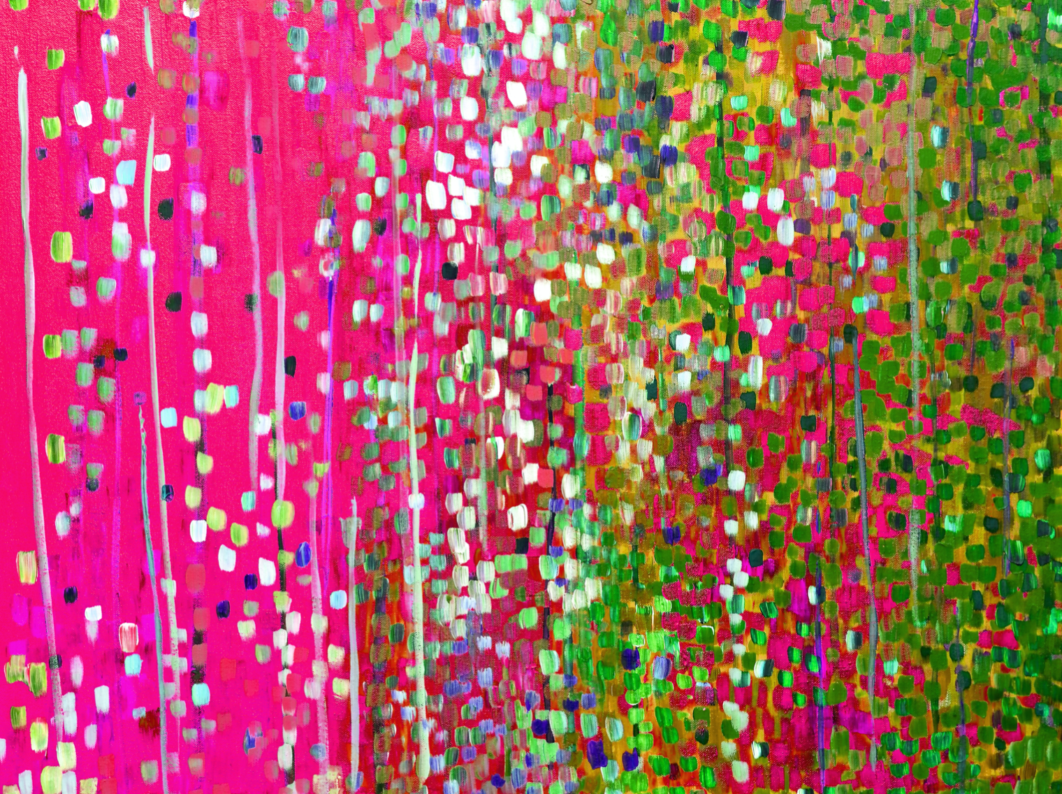 Cerise Pink & Moss Green Abstract Impressionist Broken Colour Painting by Louise Mead - Statement Artwork, Bold Colours, Unique Wall Art, Unique Canvas Print