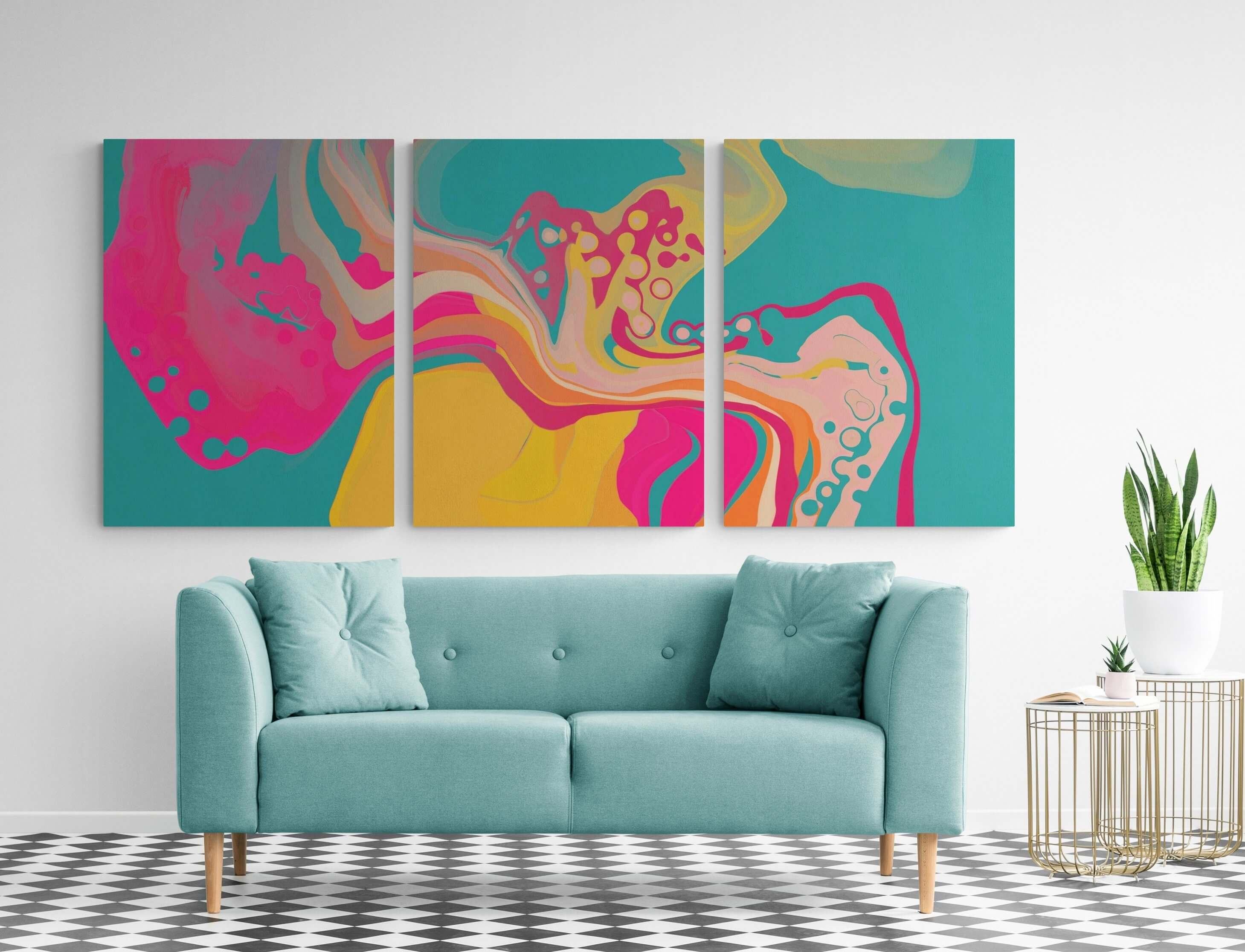 'Lilies' Turquoise Fluid Art Triptych Canvas Print | Canvas Print | Louise Mead