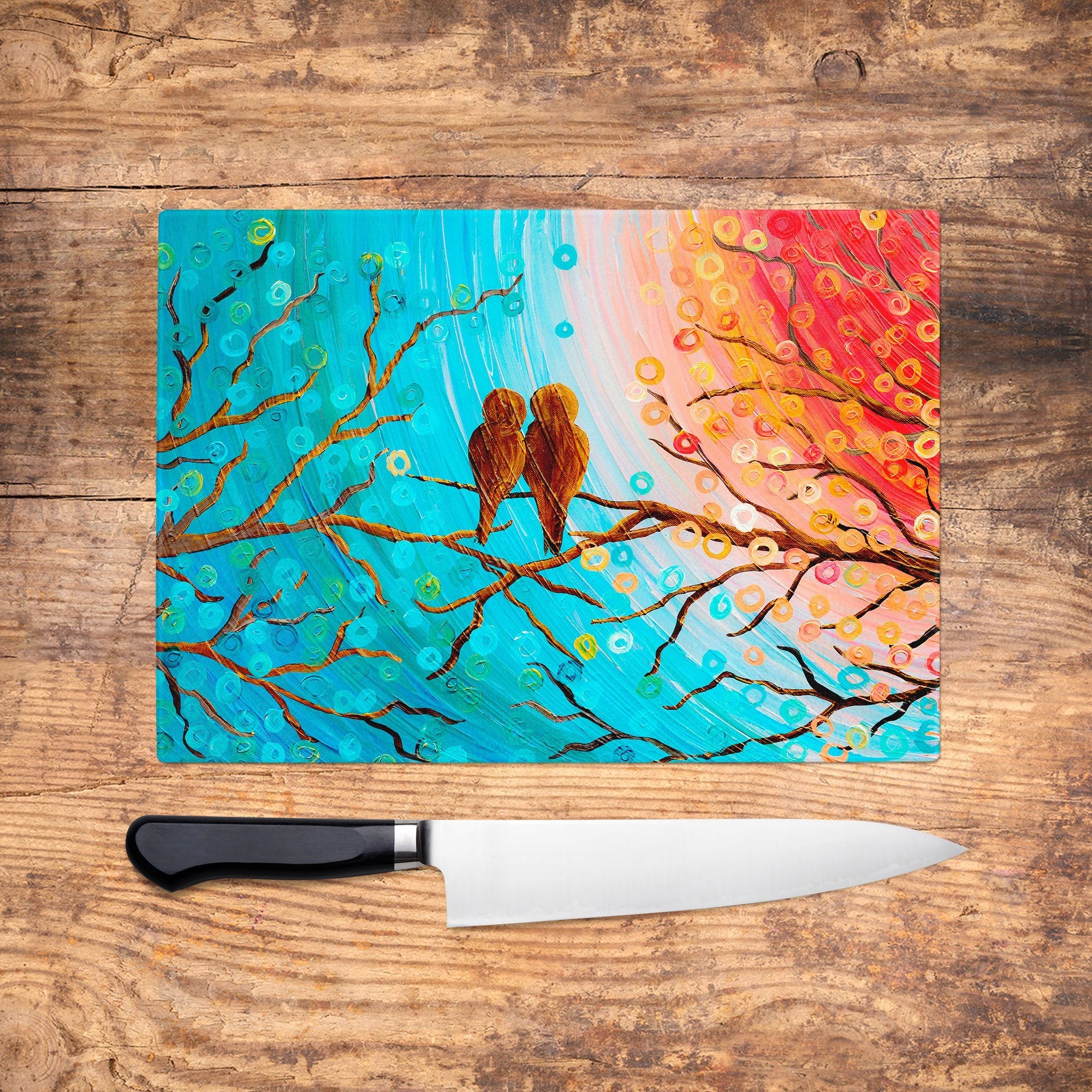 Turquoise Lovebirds Glass Chopping Board - Louise Mead