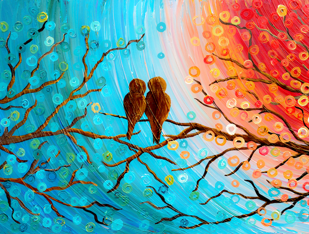 Love birds Lovebirds at Sunset Abstract Painting on Canvas by Louise Mead - Canvas Print - Teal, Turquoise, Orange, Two Love Birds Sitting in a Tree by Louise Mead