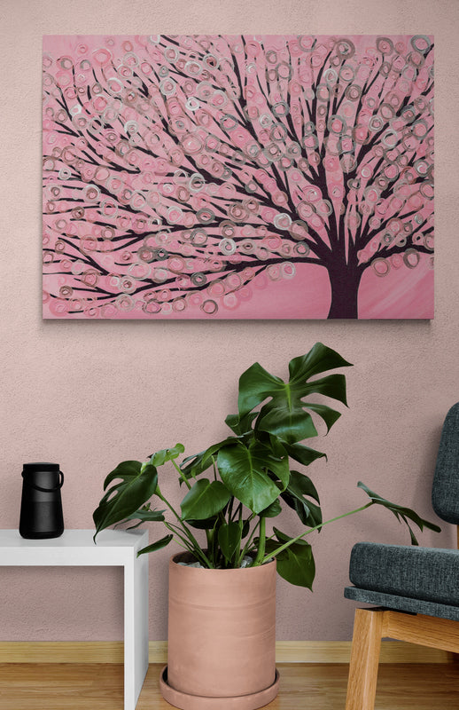 Pastel Pink & Grey Tree Canvas Print with House Plant