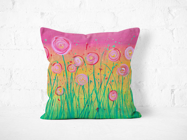 Pink Flowers Pillow - Louise Mead