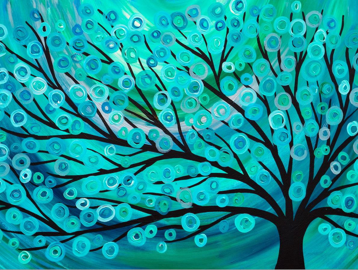 Teal Turquoise & Green Abstract Tree Painting by Louise Mead