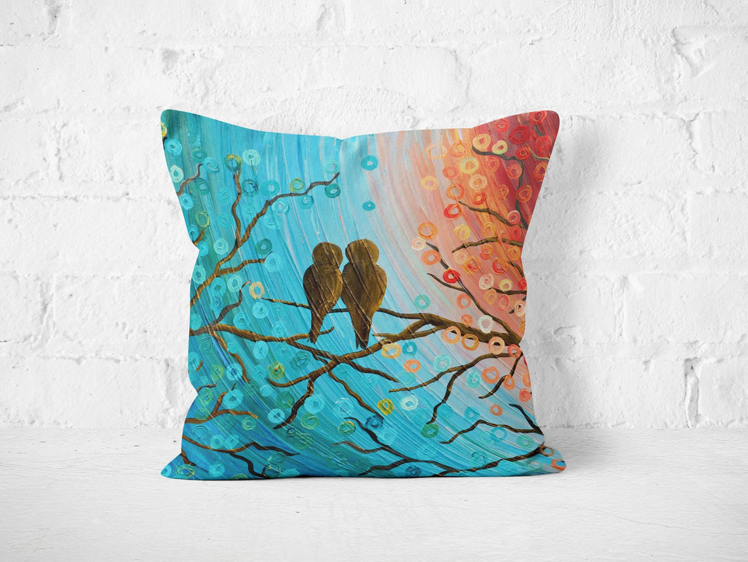 Turquoise & Orange Love Birds Pillow - Louise Mead