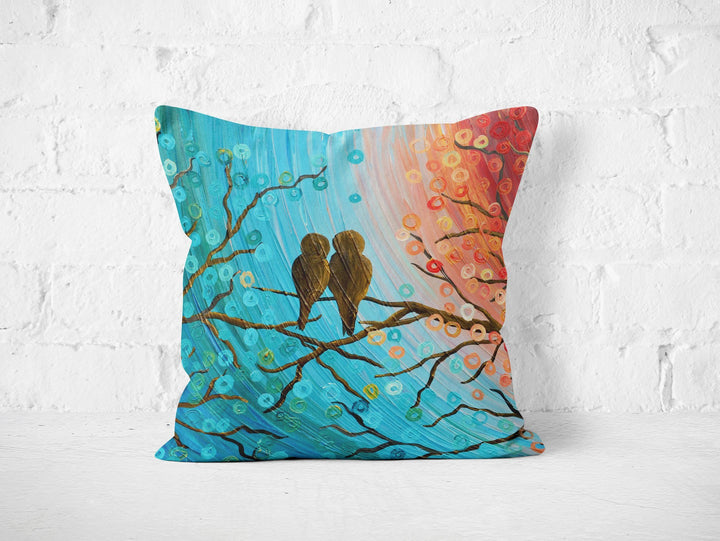 Turquoise & Orange Love Birds Pillow - Louise Mead