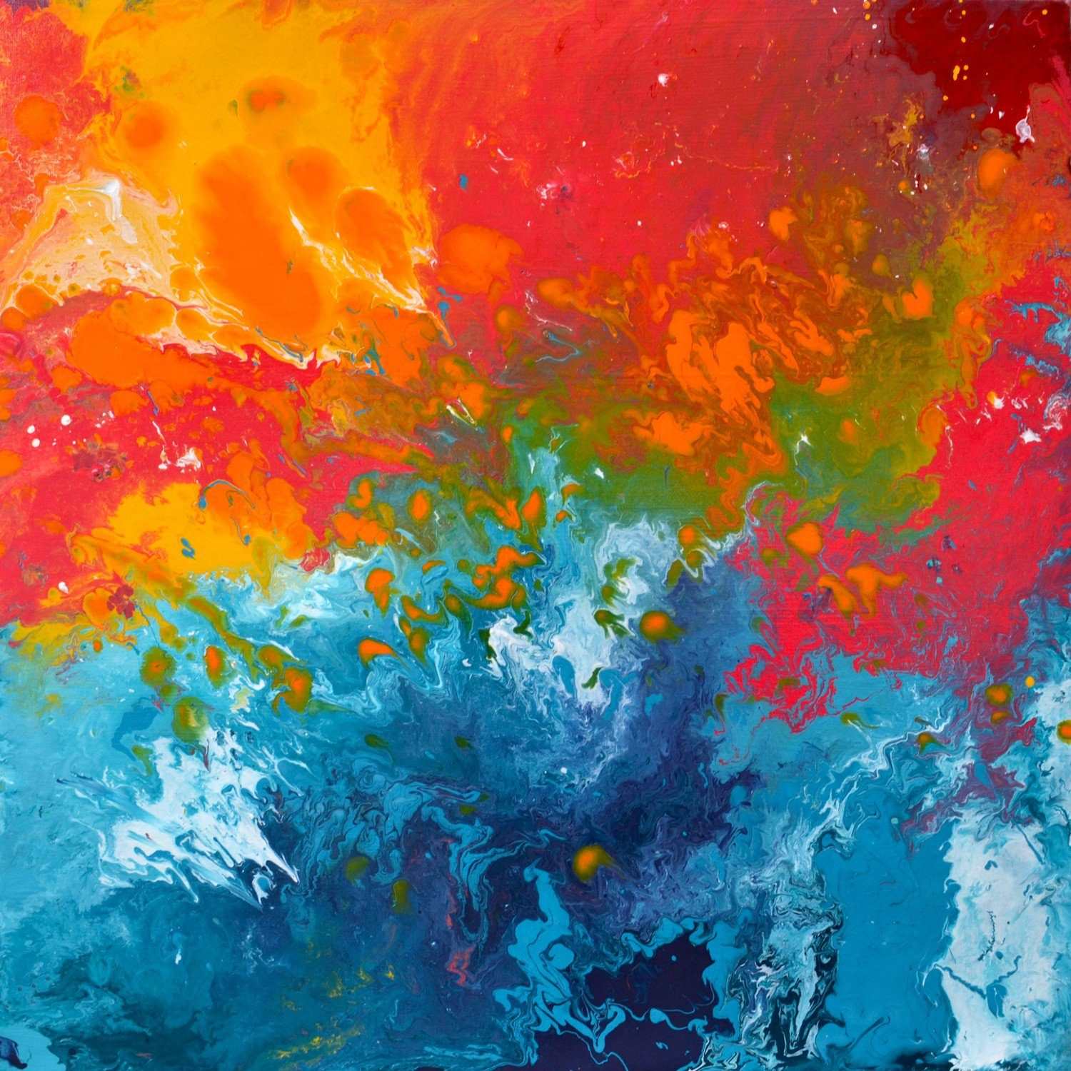 Incalescence Bold Orange and Blue Square Large Fluid Art Abstract Impressionist Painting on Canvas by Louise Mead
