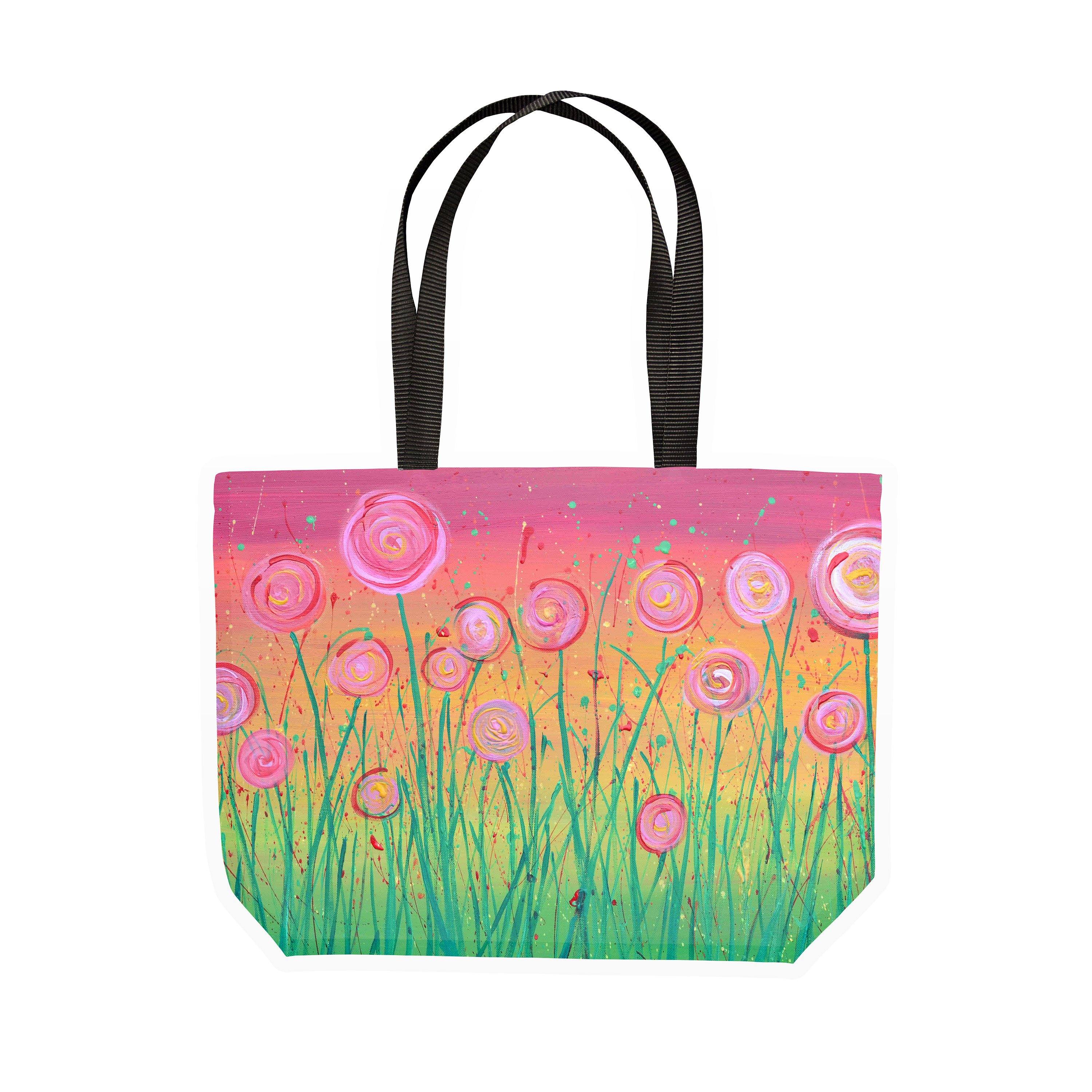 Pink & Green Flowers Canvas Tote - Louise Mead