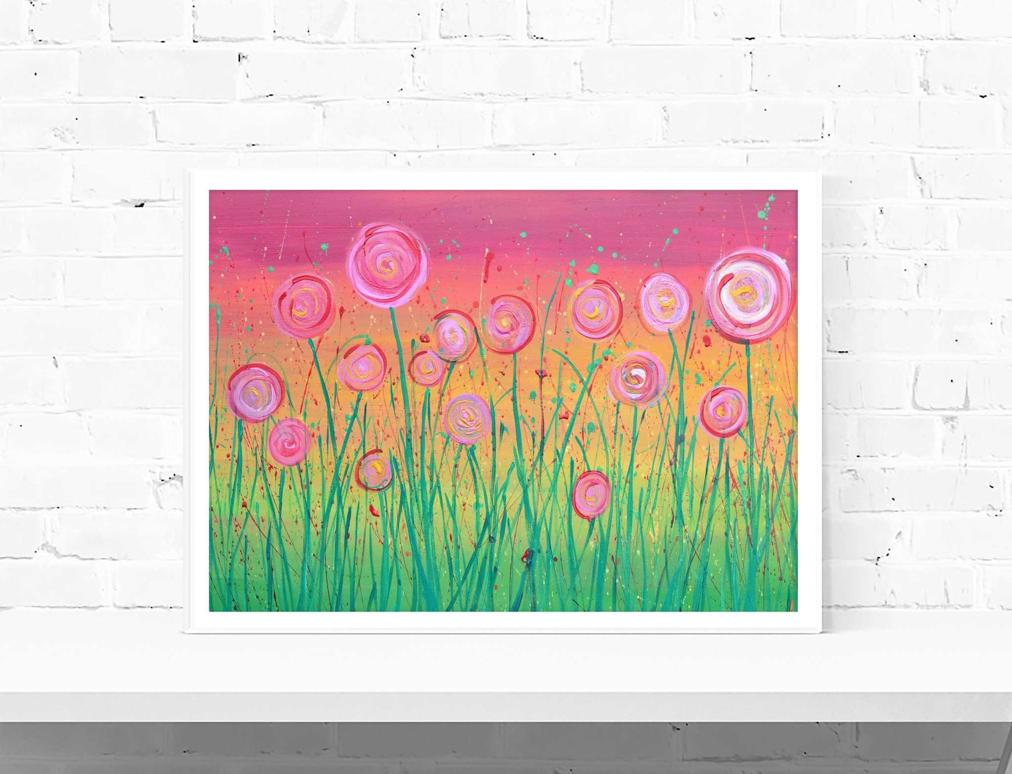Pink & Green Abstract Flowers Print - Louise Mead